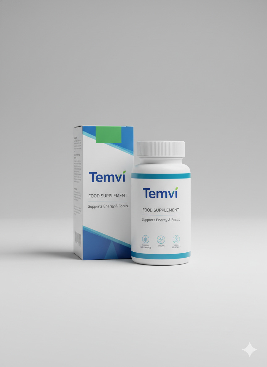 Temvi food supplement bottle and packaging on a neutral surface